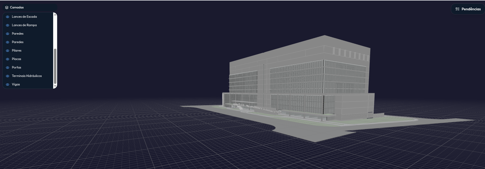 Visualizador 3D do prumotek com painel de camadas